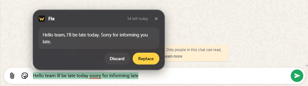 Whyno Write's Fix suggestion above a selected sentence in a chat box