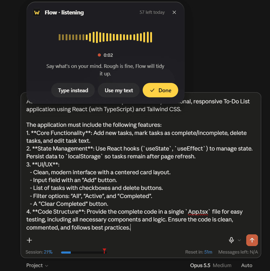 Whyno Write's Flow panel listening, with a live waveform and a timer
